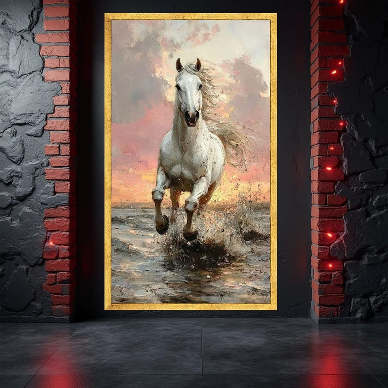 Cuadro de caballo blanco, arte mural de semental corriendo, decoración con escena oceánica al atardecer, obra de arte animal poderosa, idea de regalo para amantes de la naturaleza imagen 2