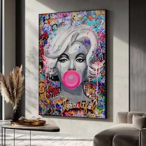 Pop Art Canvas Print of Marilyn Monroe with Bubblegum, Colorful Street Wall Art, Modern Icon Gift Idea, Iconic Graffiti Canvas, Home Decor