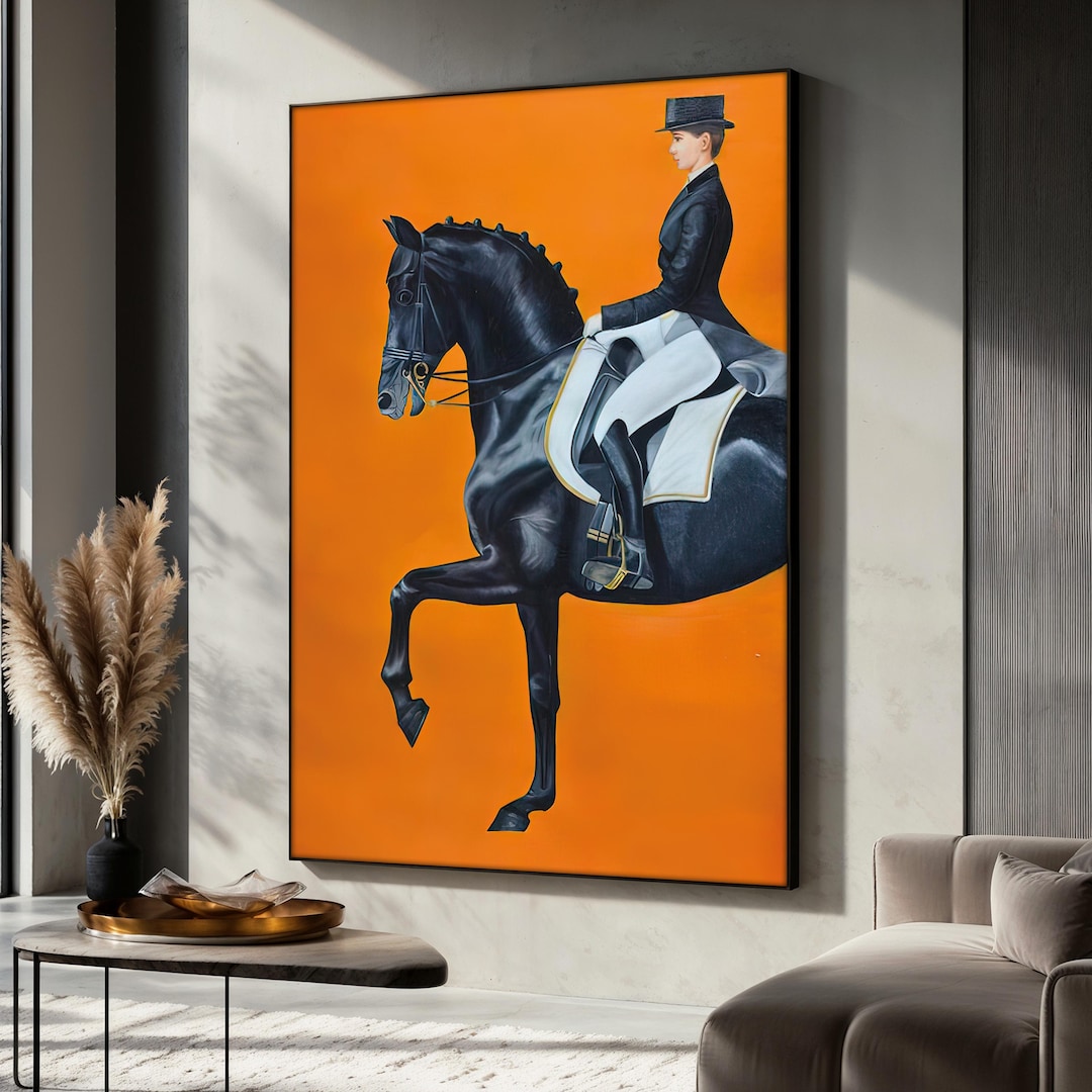Elegant Equestrian Canvas Painting, Woman on Black Horse Wall Art ...
