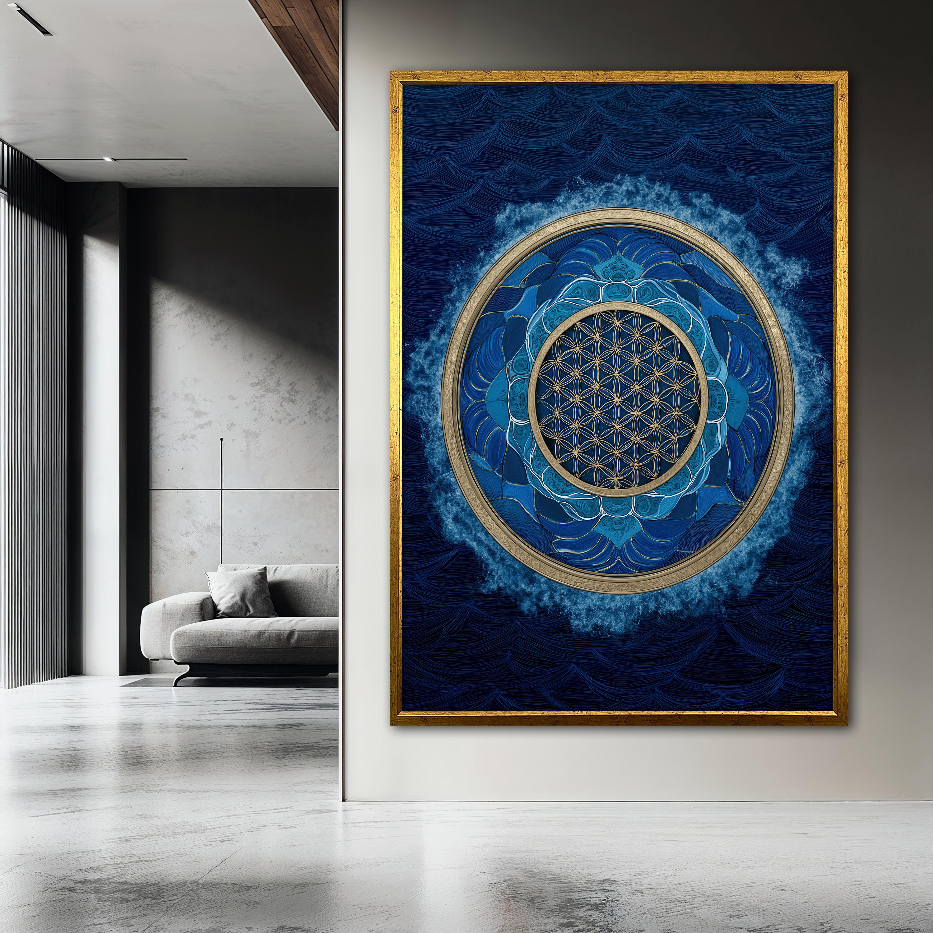 Sacred Geometry Canvas Painting, Blue Mandala Wall Art, Flower of Life ...