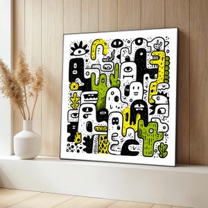 Cuadro moderno con diseño de garabatos, arte mural con personajes peculiares y detalles verdes y amarillos, decoración de dibujos animados divertida, idea genial para regalar.