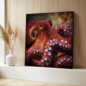 Red Octopus Canvas Painting, Realistic Marine Life Wall Art, Deep Sea Ocean Creature Decor, Nautical Coastal Artwork, Perfect Gift