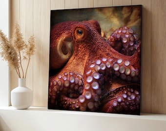 Red Octopus Canvas Painting, Realistic Marine Life Wall Art, Deep Sea Ocean Creature Decor, Nautical Coastal Artwork, Perfect Gift