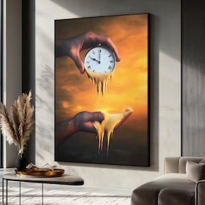 Melting Clock Art Canvas Painting Inspired By Salvador Dali, Surreal Time Wall Art, Abstract Modern Poster, Home & Office Decor, Art Gift