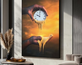 Melting Clock Art Canvas Painting Inspired By Salvador Dali, Surreal Time Wall Art, Abstract Modern Poster, Home & Office Decor, Art Gift