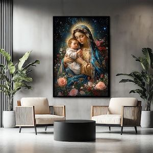 May include: A painting of the Virgin Mary holding a baby Jesus. The painting is set against a dark blue background with stars and surrounded by pink and white flowers.