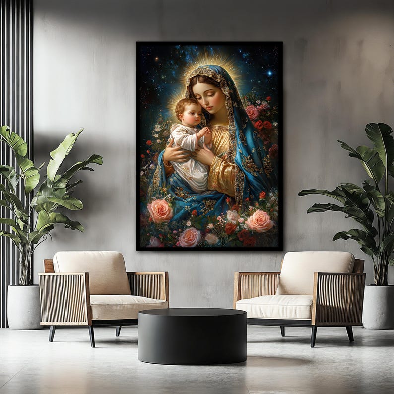 May include: A painting of the Virgin Mary holding a baby Jesus. The painting is set against a dark blue background with stars and surrounded by pink and white flowers.