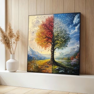 Four Seasons Tree Canvas Painting, Colorful Nature Wall Art, Landscape Artwork, Modern Home Decor, Seasonal Tree Art Decor, Nature Art Gift
