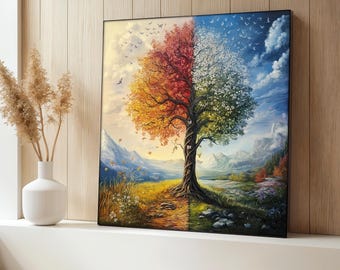 Vier Jahreszeiten Baum Leinwand Gemälde, Bunte Natur Wandkunst, Landschaft Kunstwerk, Modernes Wohndekor, Saisonales Baum Kunst Dekor, Natur Kunst Geschenk