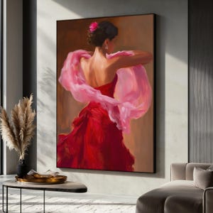 Elegant Flamenco Dancer Canvas Painting, Woman in Red Dress Wall Art, Flamenco Art Print, Feminine Romantic Home Decor, Perfect Gift