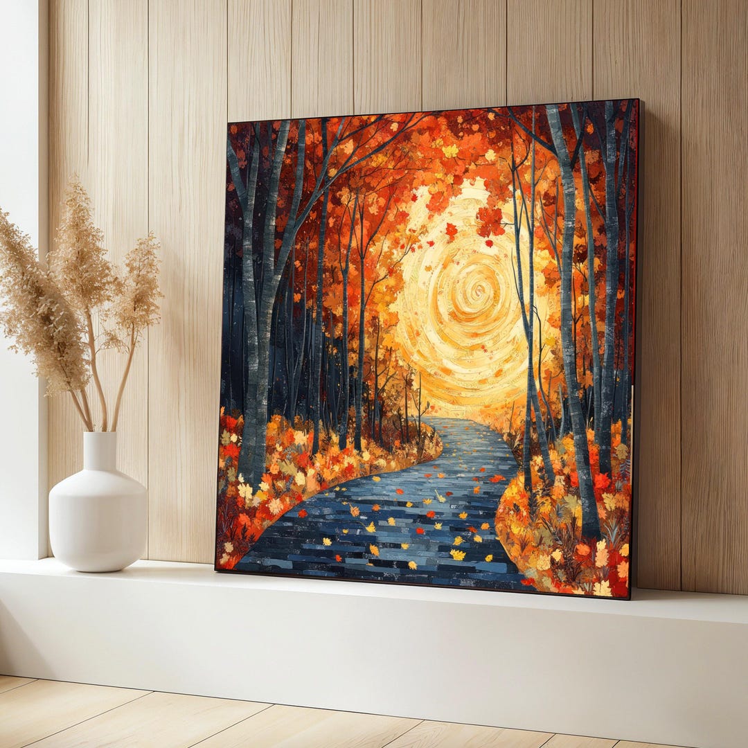 Autumn Forest Canvas Painting, Sunset Path Wall Art With Golden Leaves ...