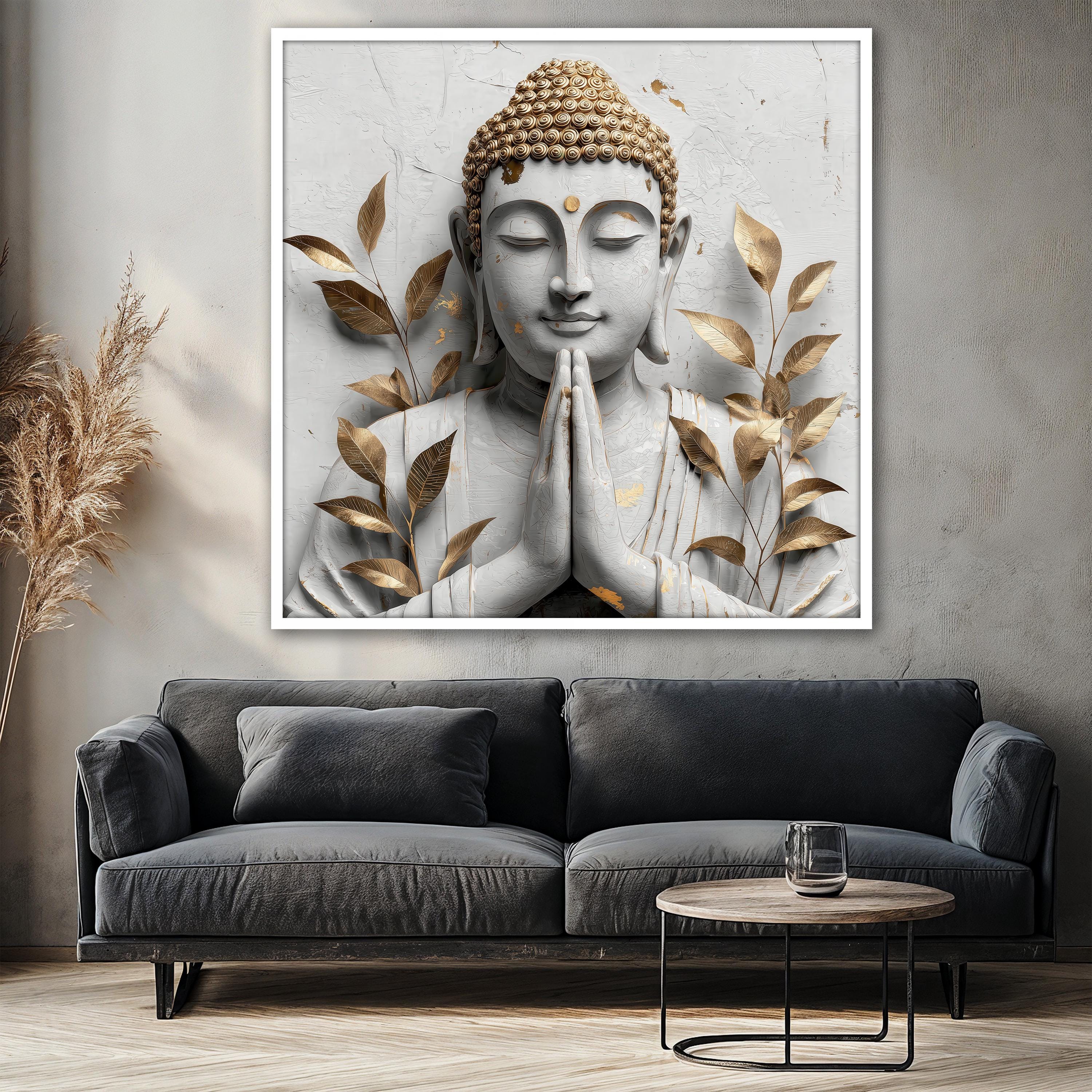 Buddha Canvas Painting, White and Gold Zen Wall Art, Serene Meditation ...