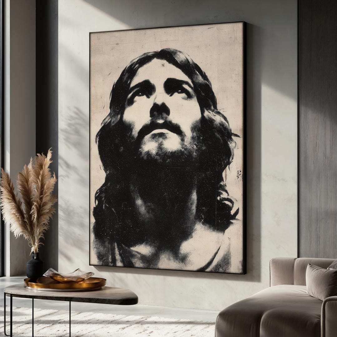 Black and White Jesus Portrait Canvas Painting, Religious Wall Art With ...