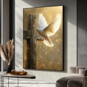 Dove With Cross Wall Art, Christian Canvas with Holy Spirit Bird, Religious Print for Home Decor, Peaceful Light Scene, Faith Art Gift