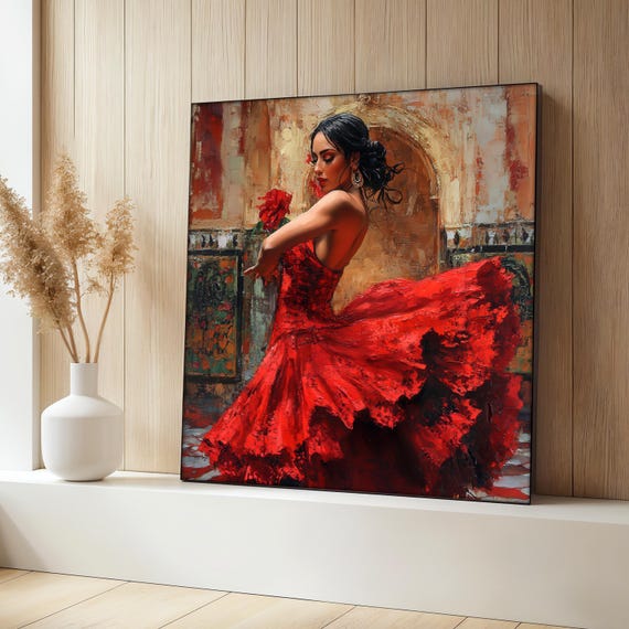 Spanish Woman in Red Dress Canvas Painting, Flamenco Dancer Wall Art, Flamenco Art Print, Elegant Home Decor, Passionate Gift for Her