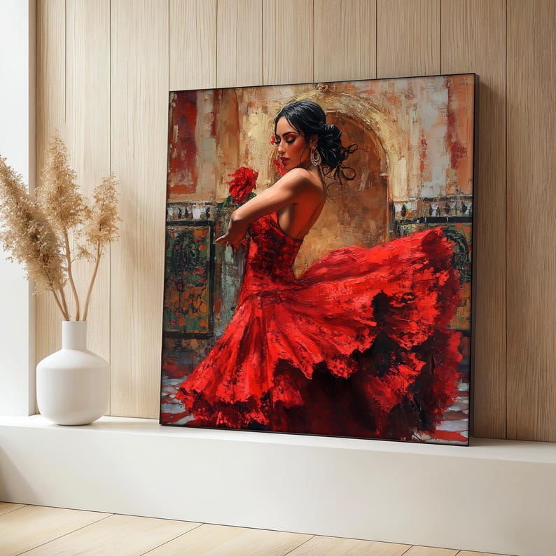 May include: A woman in a red flamenco dress dances with a red flower in her hand. The dress has many layers of ruffles and is flowing in the wind. The background is a painting of a Spanish-style building.