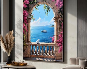 Mediteranen Balkon Gemälde, Katzen Blick auf das Meer, Wandbild, Blumenbogen Sommerdekor, Friedliches Blaues Meer Kunstwerk, Einzigartiges Geschenk