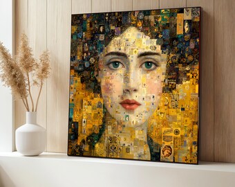 Golden Mosaic Woman Canvas Painting, Klimt Style Portrait Wall Art, Elegant Face Artwork for Living Room, Unique Gift for Art Lovers