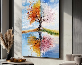 Bunter Vier-Jahreszeiten-Baum Leinwanddruck, abstrakte Naturwandkunst, lebendiges Landschaftsdekor, Fantasiewaldplakat, Hauptdekor, Kunst Geschenk