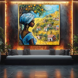 Bunte afrikanische Frau mit Dorf und Natur-Szene - Stammes- Wandkunst für kulturelle Dekor oder Geschenkidee