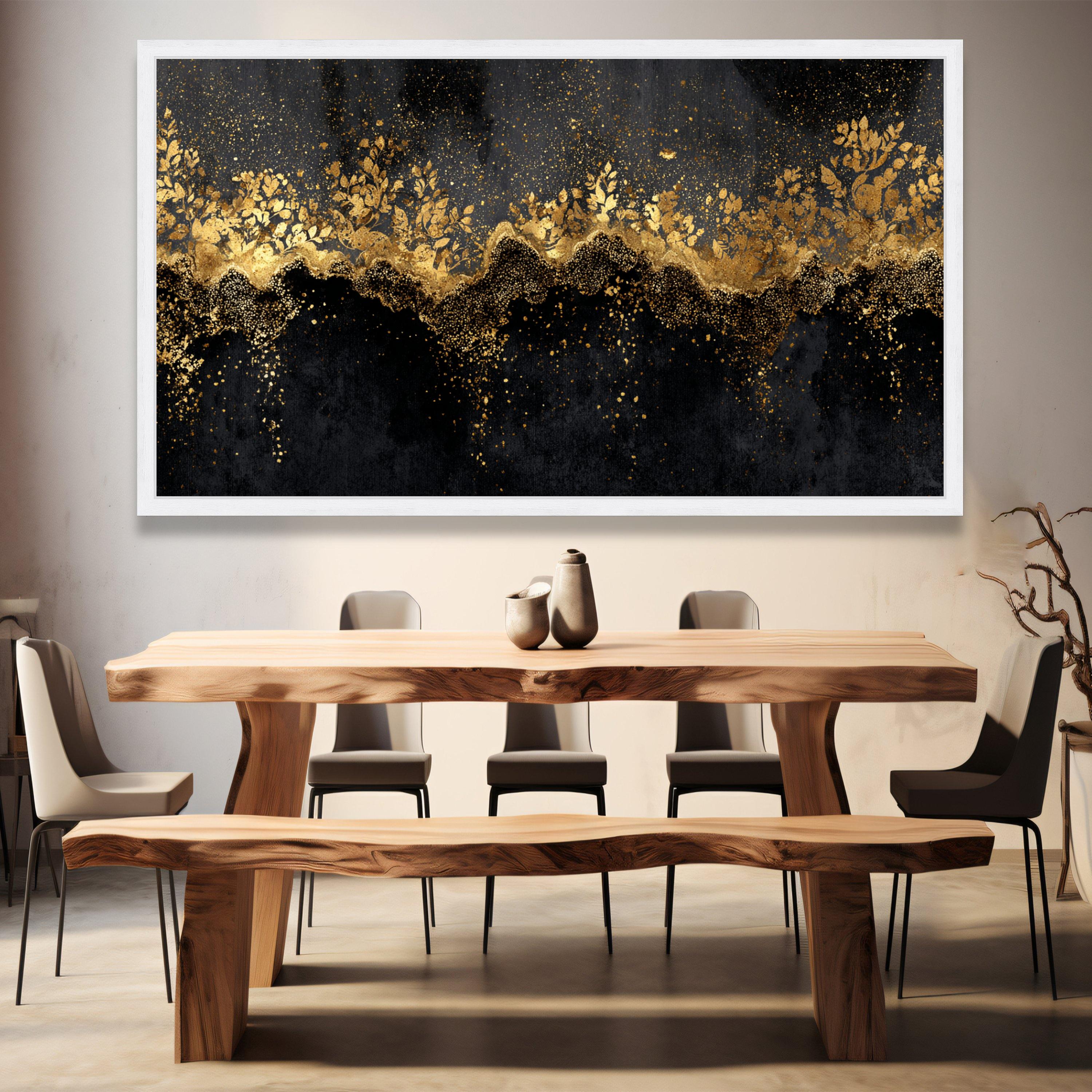 Elegant Gold Floral Abstract Canvas, Black and Gold Wall Art, Modern ...