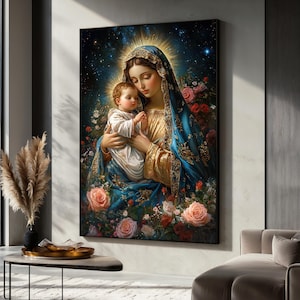 Virgin Mary and Baby Jesus Canvas Painting, Christian Wall Art, Religious Home Decor, Holy Mother Gift, Catholic Artwork, Sacred Art Print