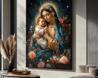 Virgin Mary and Baby Jesus Canvas Painting, Christian Wall Art, Religious Home Decor, Holy Mother Gift, Catholic Artwork, Sacred Art Print