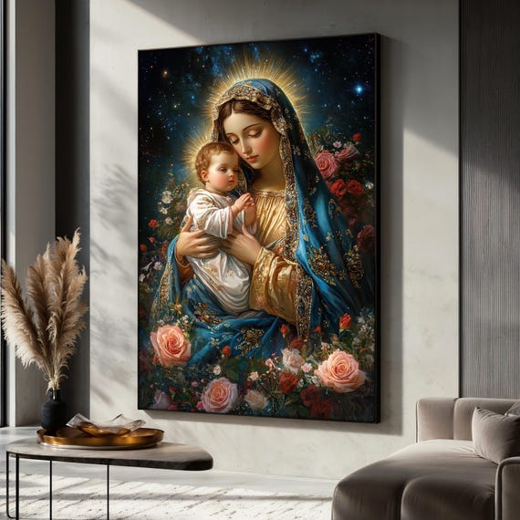 Virgin Mary and Baby Jesus Canvas Painting, Christian Wall Art, Religious Home Decor, Holy Mother Gift, Catholic Artwork, Sacred Art Print