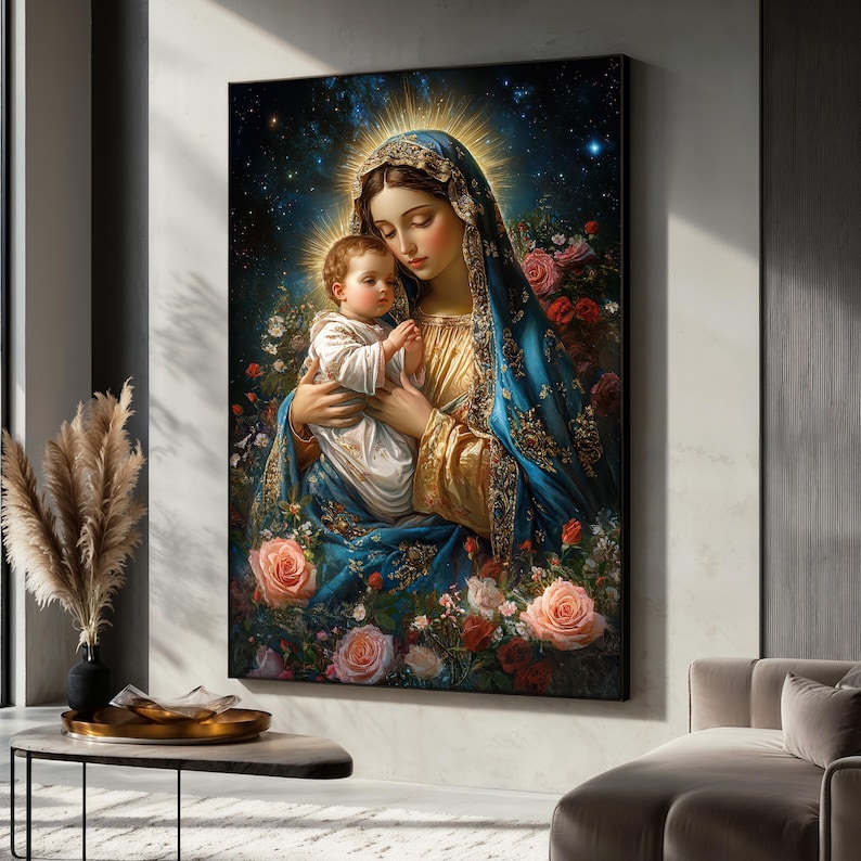 May include: A painting of the Virgin Mary holding a baby Jesus. The painting is set against a dark blue background with stars and surrounded by flowers.