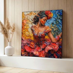 Colorful Flamenco Dancer Canvas Painting, Vibrant Woman Portrait Art, Abstract Dance Wall Decor, Modern Room Decor, Artistic Gift for Home
