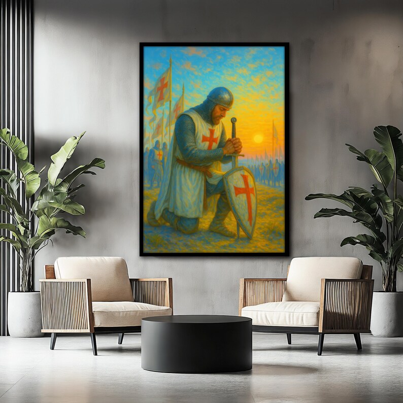 Praying Crusader Canvas Painting, Christian Knight Wall Art With Cross ...