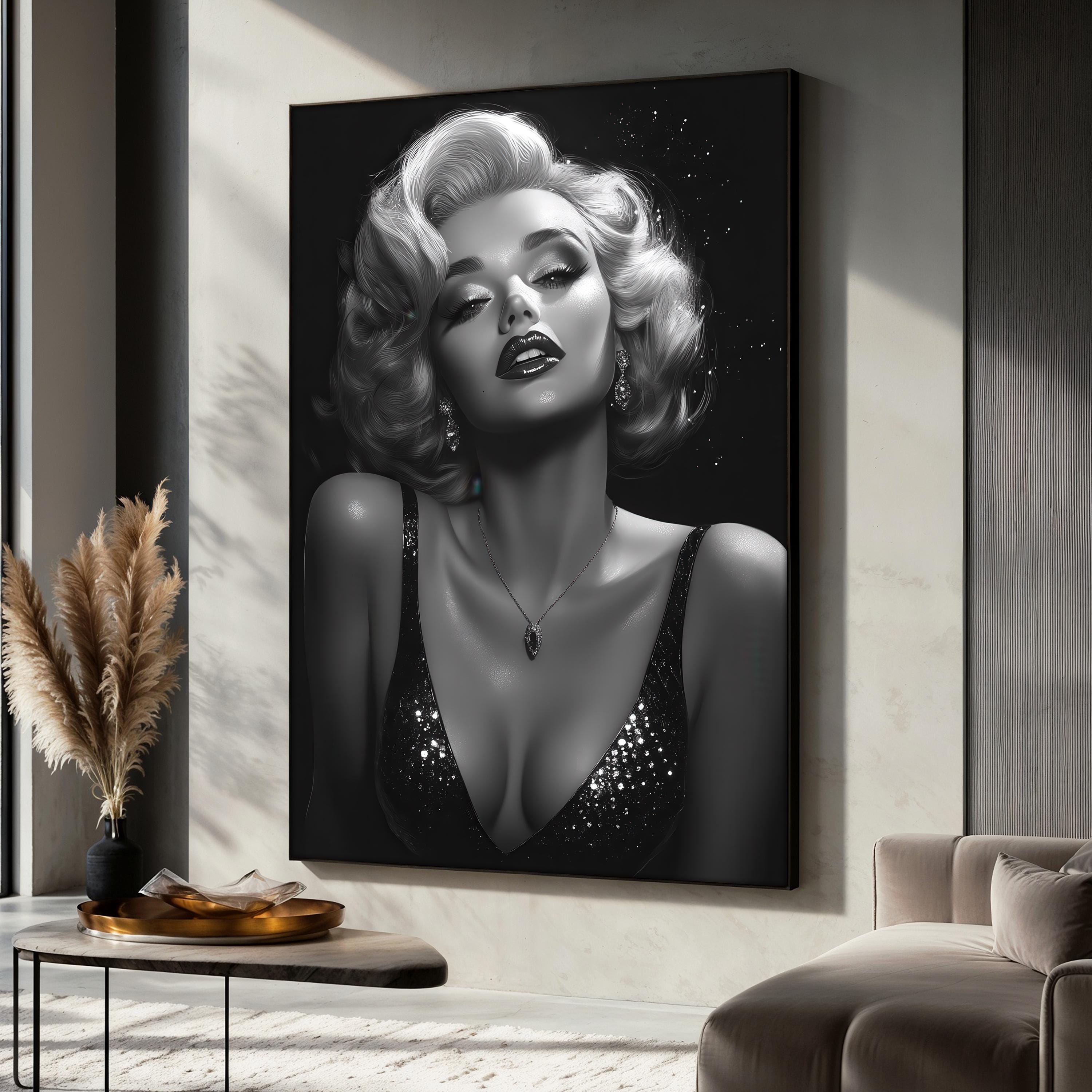 Marilyn Monroe Black and White Canvas Painting, Glamorous Hollywood Art ...