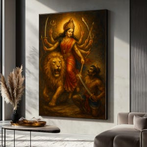 Op de afbeelding: Een ingelijst kunstwerk dat een veelarmige godheid in een rode sari met een kroon toont, die op een leeuw rijdt. Het kunstwerk toont een krijger met een zwaard en een dramatisch, gouden kleurenpalet.
