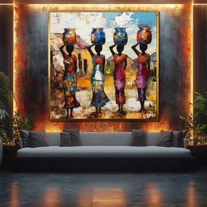 Donna africana con gonna colorata, tela artistica, scena di villaggio vivace, decorazione murale culturale, opera d'arte pronta da appendere per casa o ufficio