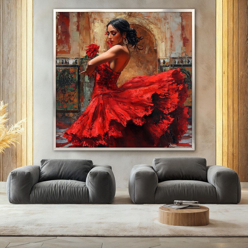 May include: A painting of a woman in a red dress dancing. The woman is wearing a red dress with a ruffled skirt and a flower in her hair. The background is a blurred image of a building with an archway.