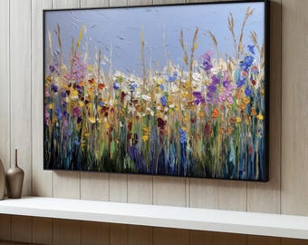 Colorful Wildflower Canvas Painting, Vibrant Floral Field Wall Art, Nature Meadow Decor, Modern Botanical Print, Flowers Poster, Art Gift