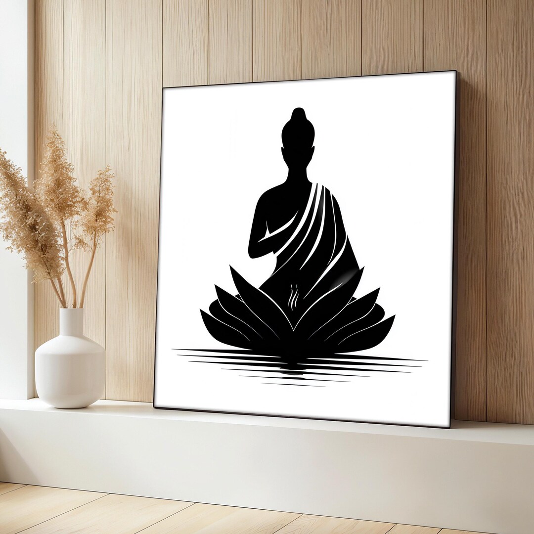 Minimal Buddha Canvas Painting, Black and White Zen Wall Art With Lotus ...