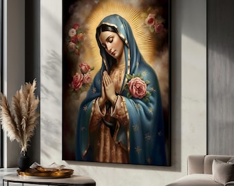 Virgin Mary Canvas Painting, Our Lady of Guadalupe Art, Religious Catholic Wall Decor, Holy Mother Canvas Print, Christian Gift for Home