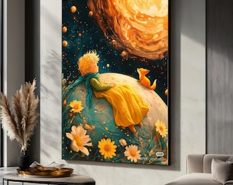 Dreamy Little Prince on Planet Canvas Wall Art, Whimsical Space Illustration, Cozy Night Sky Decor, Children's Room Decoration