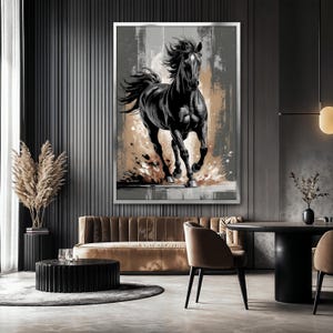 May include: A black and white painting of a horse running. The horse is in the center of the canvas and is surrounded by a brown and gray background.