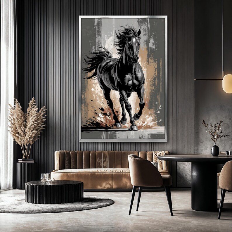 May include: A black and white painting of a horse running. The horse is in the center of the canvas and is surrounded by a brown and gray background.