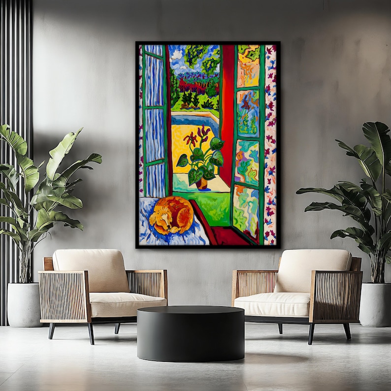 May include: A painting depicting a window with a view of a garden and a swimming pool. The window is open and a dog is sleeping on a bed in the room. The painting is executed in a colourful style with bright colours.