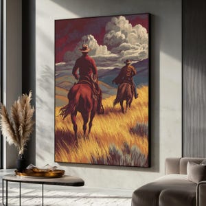 Cowboy Canvas Painting, Western Horse Riders Wall Art, Cowboy Poster, Rustic Prairie Landscape Print, Wild West Country Decor, Unique Gift