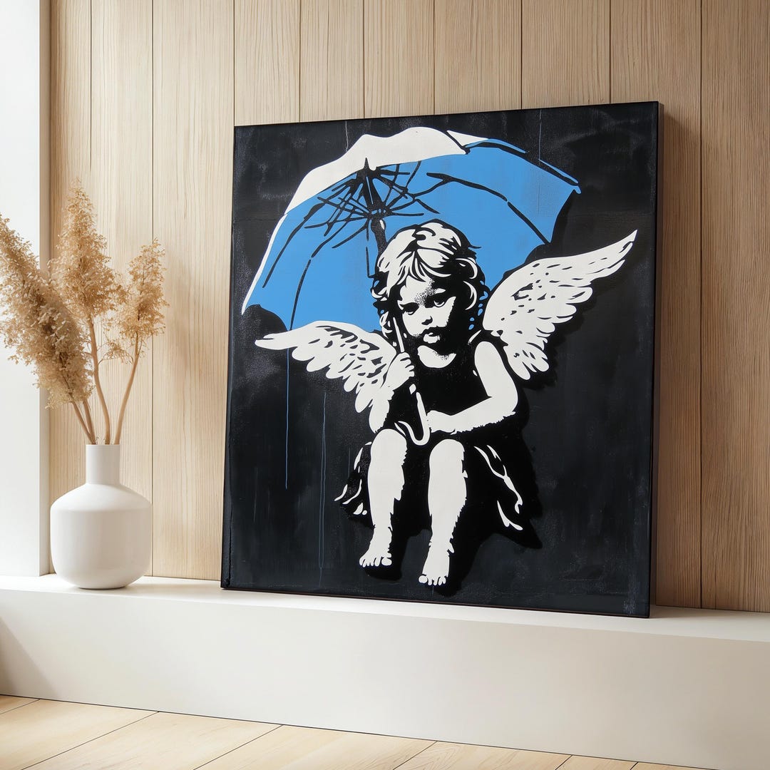 Banksy Angel Canvas Painting, Street Art Wall Decor, Blue Umbrella