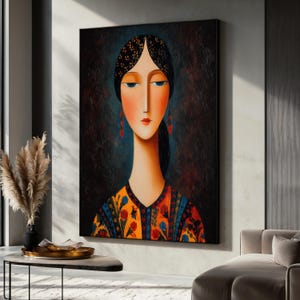 Elegant Woman Canvas Painting, Ethnic Wall Art With Floral Dress, Minimal Face Portrait For Modern Home, Stylish Folk Decor, Art Gift Idea