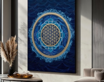 Heilige Geometrie Gemälde, Blaues Mandala Wandbild, Blume des Lebens Symbol Dekor, Mandala Kunst, spiritueller Akzent, mystisches Kunst Geschenk