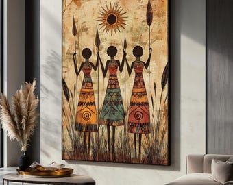 African Tribe Women Canvas Painting, Ethnic Warrior Wall Art for Living Room, Art Gift, Rustic Tribal Decor, Ethnic Artwork, Cultural Gift