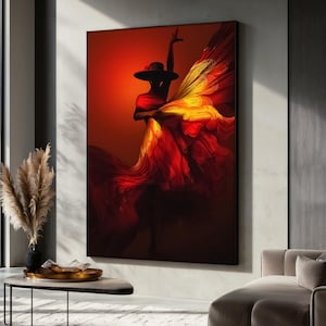Flamenco Dancer Canvas Painting, Spanish Woman Wall Art with Red and Yellow Dress, Passionate Dance Wall Decor, Home Decor, Perfect Gift