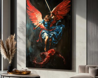 Archangel Michael Canvas Painting, Red Wings Warrior Angel Art, Sword Battle Scene Wall Decor, Michael Poster, Spiritual Christian Gift Idea