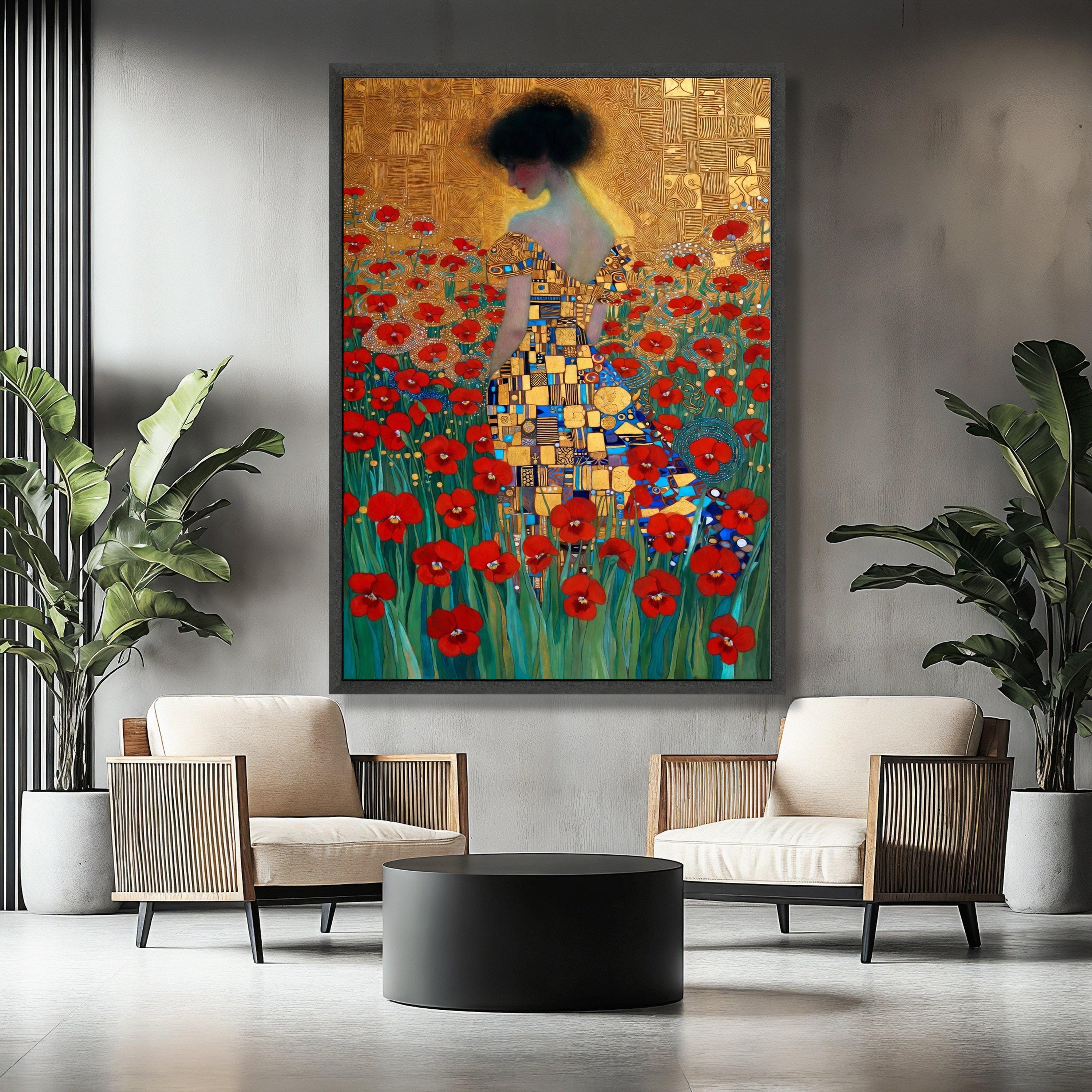 Gustav Klimt Woman in Red Poppy Field, Floral Canvas Wall Art, Artistic ...
